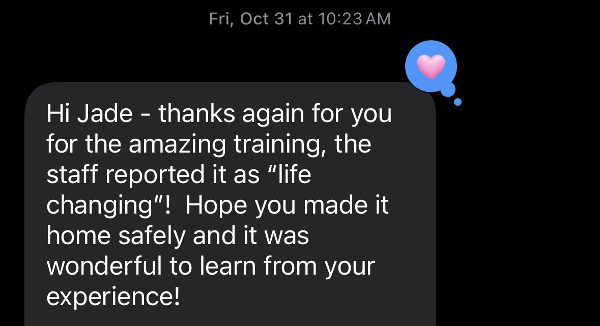 Client testimonial for Jade Sobanski's training